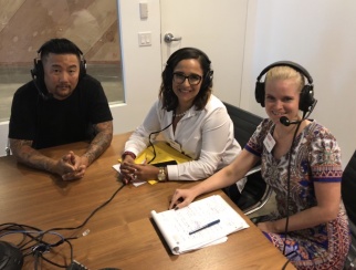 Roy Choi (left) joins co-hosts Sarah Rand (right) and Ana Serafin Smith (center) at Shop.org.